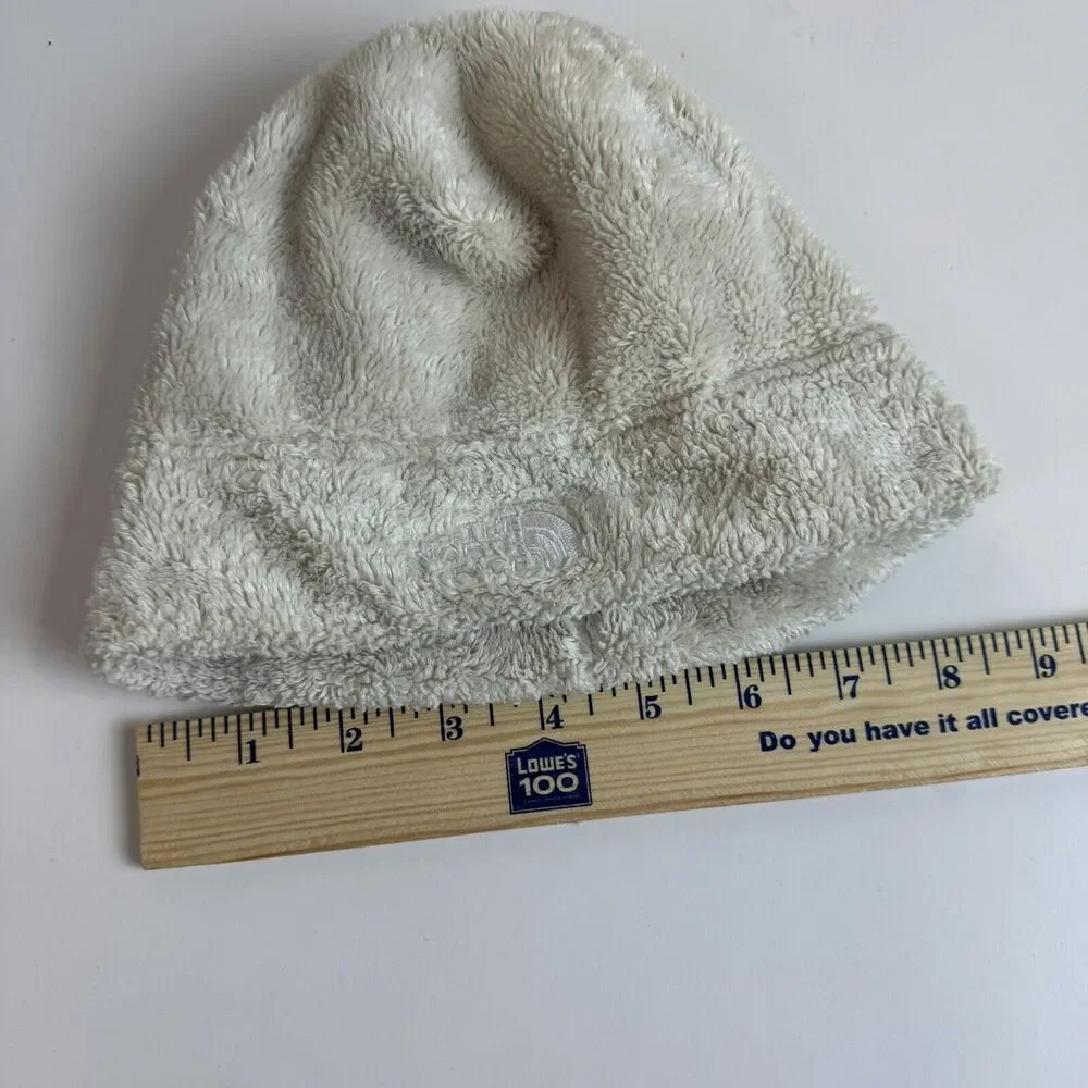 The North Face Beige Fleece One Size Beanie Hat For Child White embroidered logo